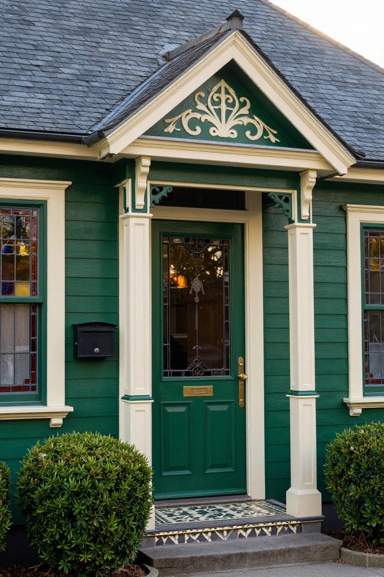 Front exterior of a green clapboard house with cream trim, ornate gabled porch, stained glass windows flanking a green front door, black mailbox, and boxwood shrubs by the steps.
