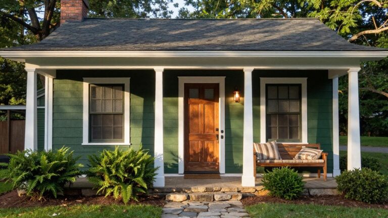 A small green shingle-style cottage house with white trim, gabled roof, covered front porch supported by white columns, wooden door with brass lantern, porch bench, boxwood shrubs on either side of stone walkway, ferns, and surrounding trees and lawn.