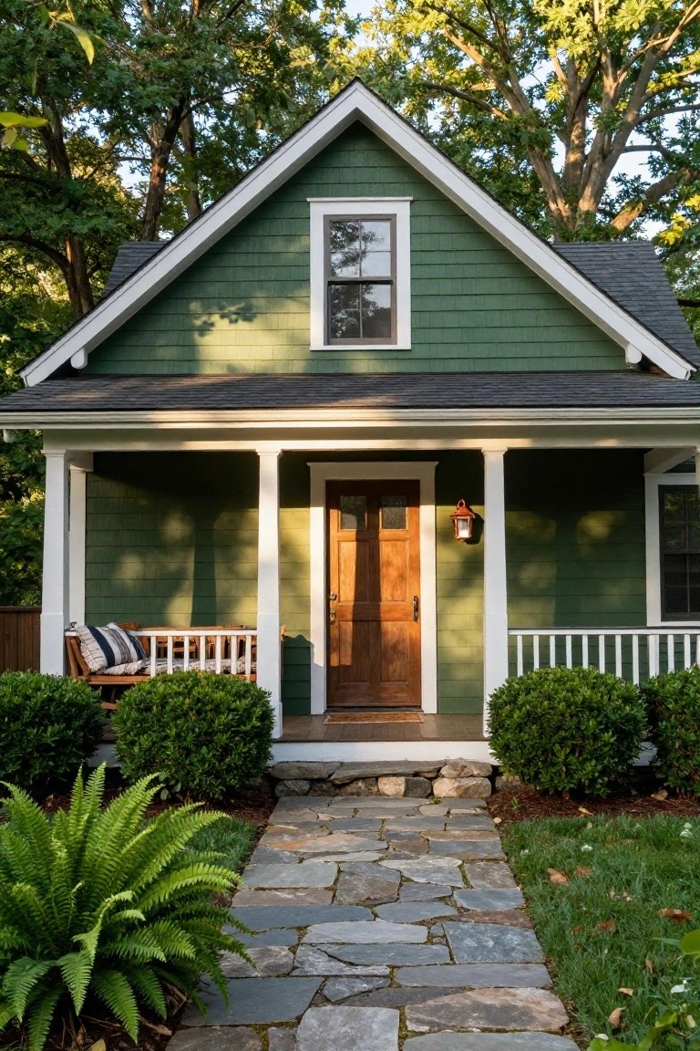 A small green shingle-style cottage house with white trim, gabled roof, covered front porch supported by white columns, wooden door with brass lantern, porch bench, boxwood shrubs on either side of stone walkway, ferns, and surrounding trees and lawn.