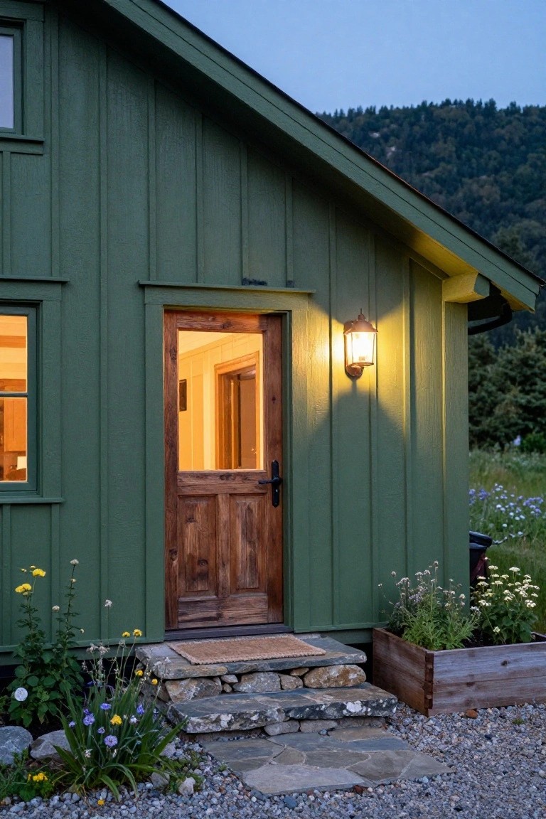 Green board-and-batten sided cabin exterior at dusk with illuminated wooden entry door, wall lantern, stone steps, potted plants, wildflowers, and gravel path beside forested mountains.