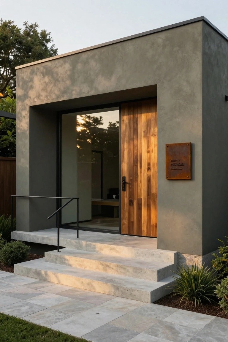 Front facade of a modern single-story house featuring textured gray stucco walls, a large vertical wooden front door with a glass sidelight, black metal handrail on concrete steps, a paver stone pathway, and low planting beds with grasses along the base.