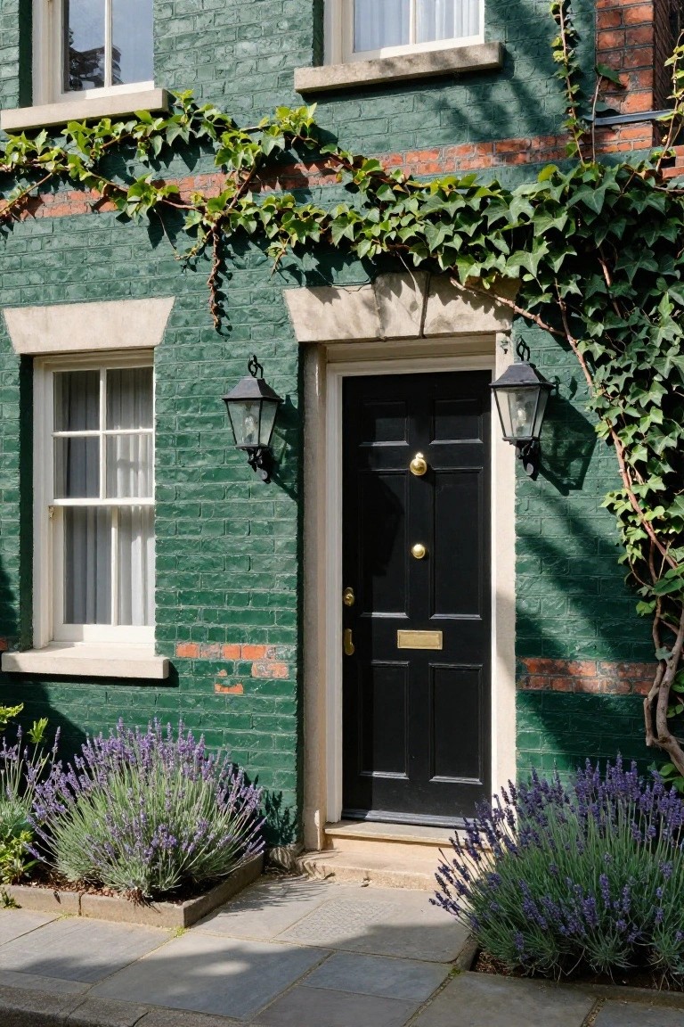 Green brick house exterior with ivy climbing the walls, black front door with brass knocker and letterbox, lanterns on either side, and lavender plants in beds beside the slate path.