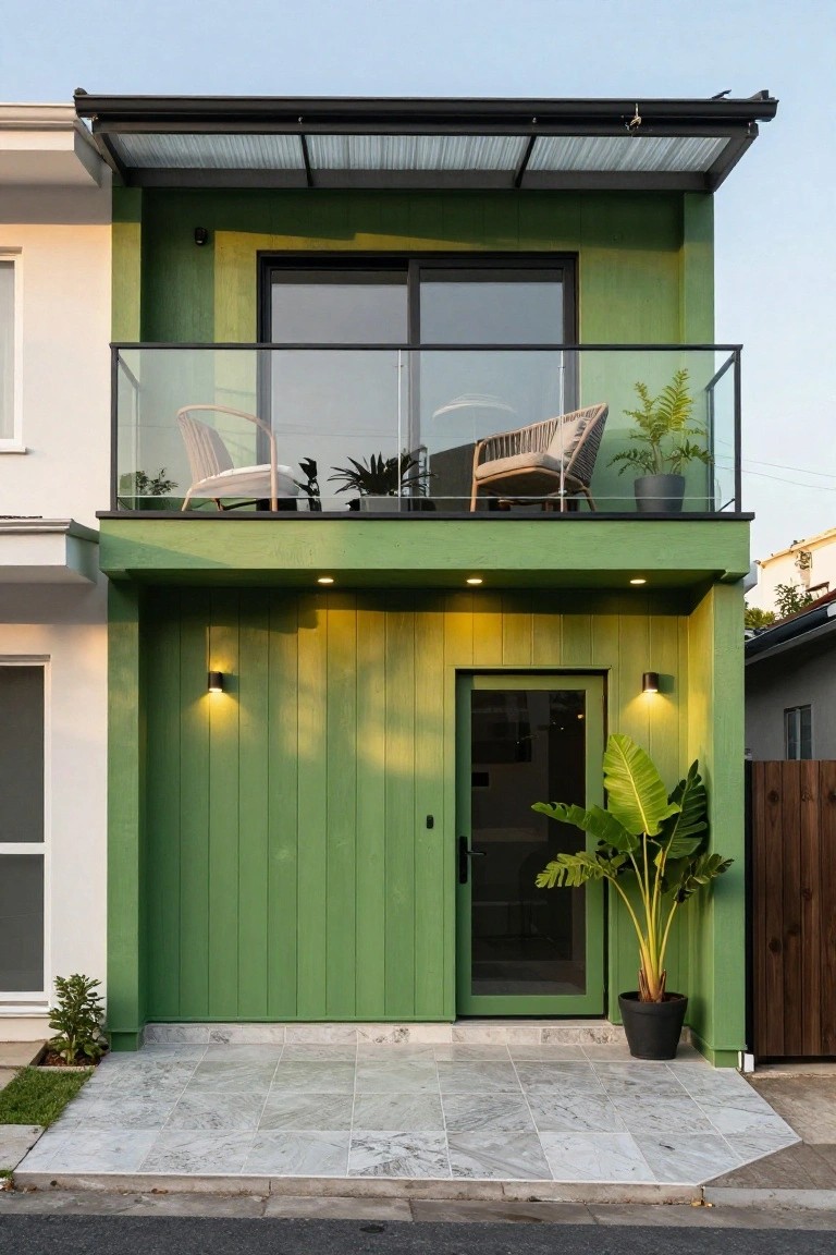 Two-story house exterior with green vertical wood cladding, black-framed glass balcony with chairs and plants upstairs, yellow front door with wall lights, large potted banana plant beside entry, and gray tiled porch area.
