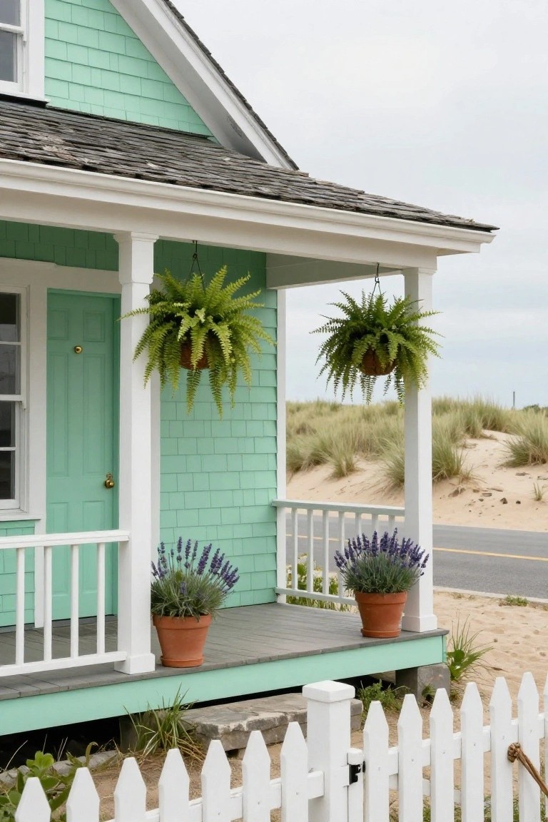 Mint green shingled cottage exterior with white porch, mint green door, hanging fern baskets, potted lavender plants, white picket fence, and beach dunes nearby.