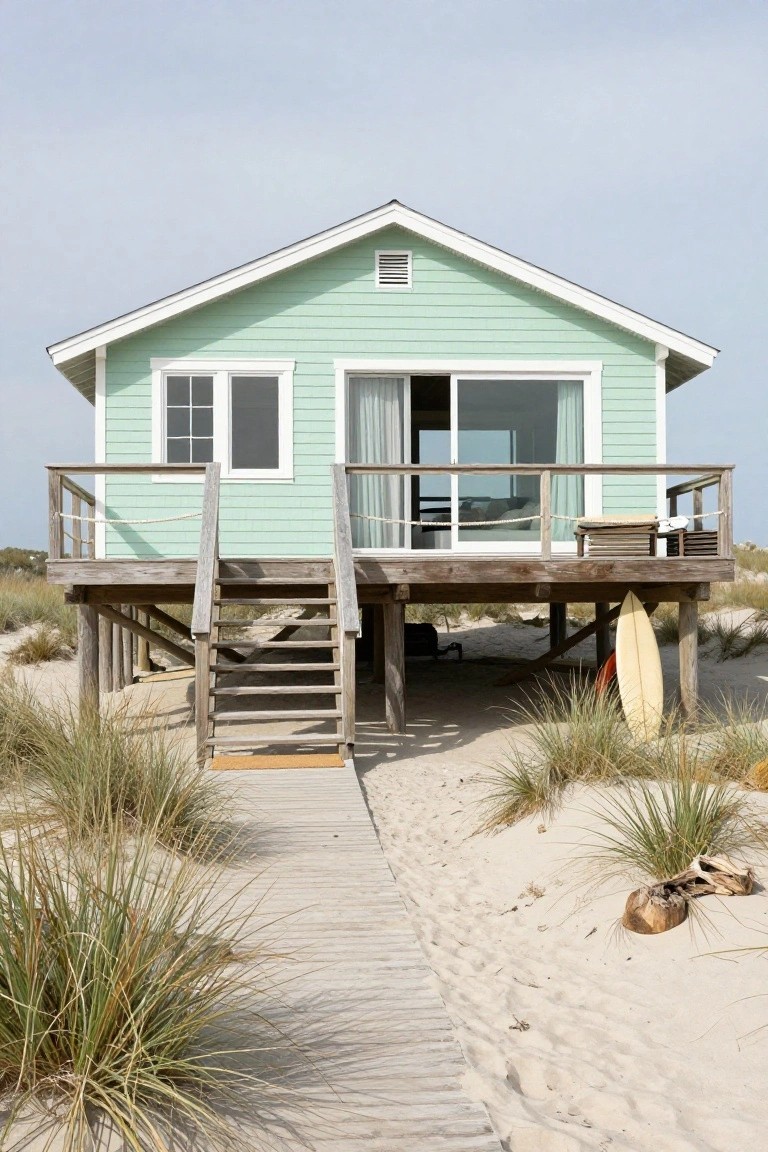 Light green clapboard beach house elevated on wooden stilts with a deck, stairs, sliding glass doors, boardwalk path through sand and sea oats, and surfboards leaning against the supports.