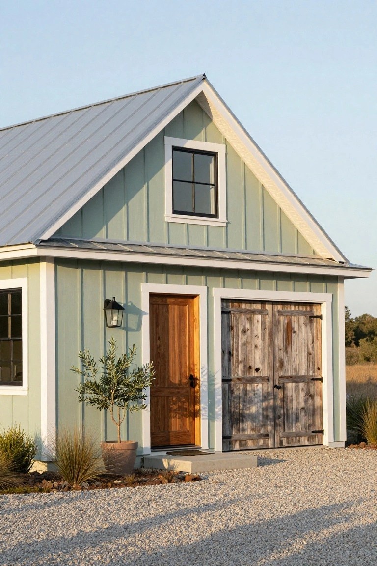 Small pale green board-and-batten garage building with white trim, metal gable roof, double weathered wood garage doors, single wood entry door, two multipane windows, lantern light, potted olive tree, and gravel driveway with native plants.