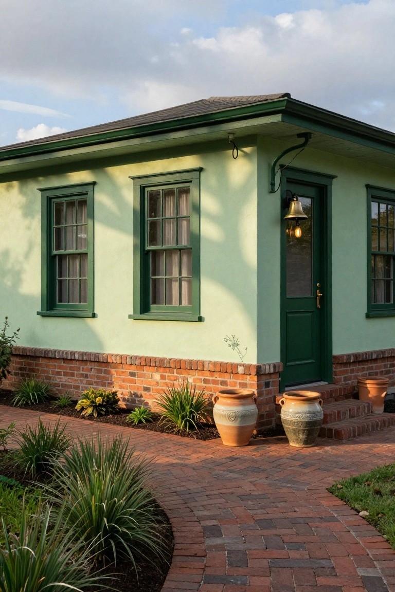 Corner view of a small pale green house with dark green window frames, door, and roof edges, lit entry lantern, brick foundation, terracotta pots, plants, and brick path.