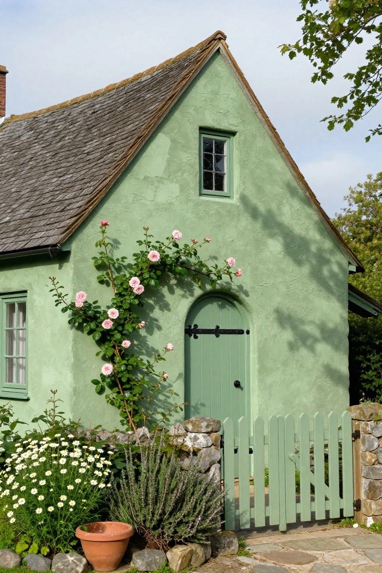 Small green-painted cottage with pink climbing roses around an arched green door, green picket fence gate, white daisies, lavender plants, and stone edging in a garden setting.