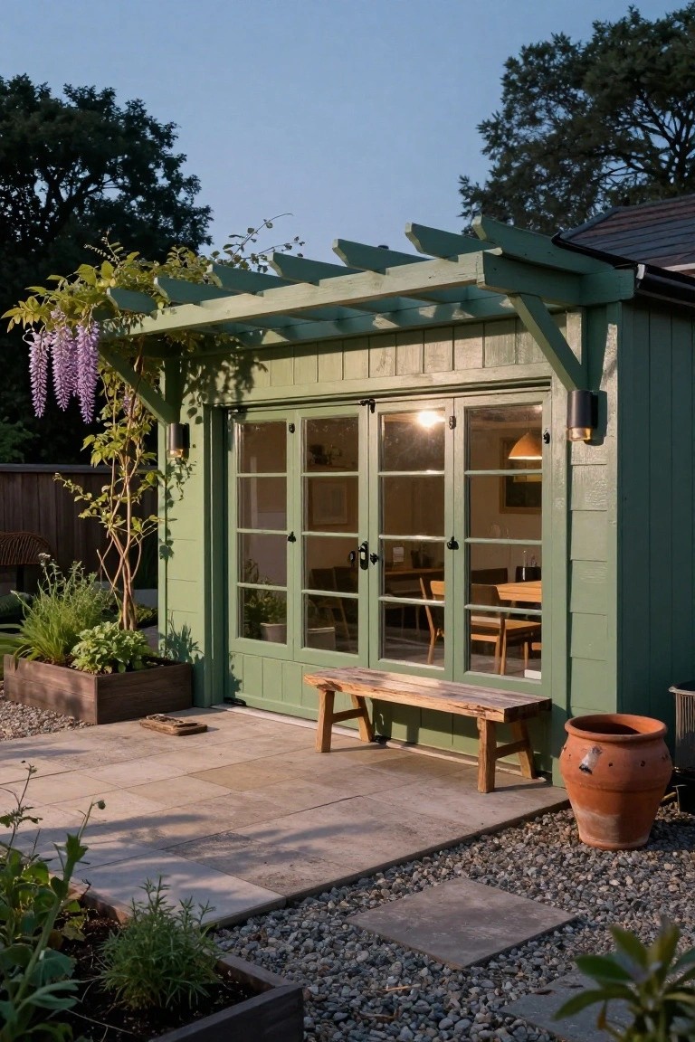 Sage green wooden garden shed with multi-pane glass French doors, pergola draped in purple wisteria, wooden bench on stone patio, surrounded by planters and gravel garden bed.