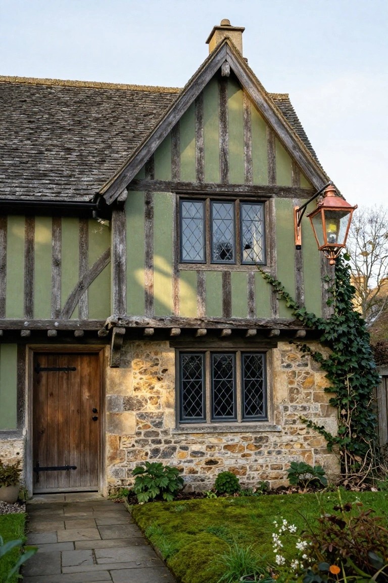 Two-story half-timbered house painted sage green with dark exposed beams, leaded glass windows, stone base, wooden front door, copper lantern light, climbing ivy on one side, flagstone path, and low garden plantings.