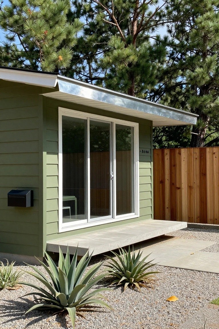Small sage green clapboard shed with white sliding glass doors, black mailbox, concrete step, agave plants in gravel yard, wooden fence, and pine trees in sunny background.
