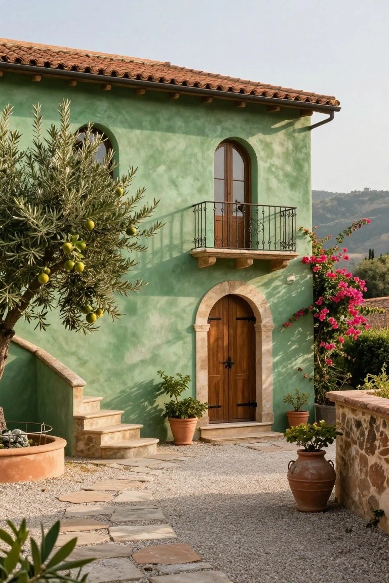 Green stucco house with terracotta tile roof, arched wooden door, small upper balcony with iron railing, olive tree bearing fruit, bougainvillea vines, potted plants, stone steps, and gravel path.