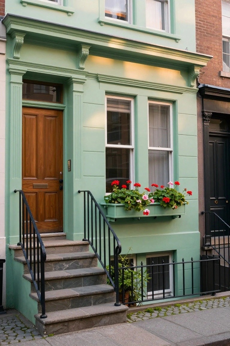 A mint green two-story townhouse facade with a wooden front door, black metal steps and railing, green window box filled with red geraniums, flanked by brick and black neighboring houses on a cobblestone street.