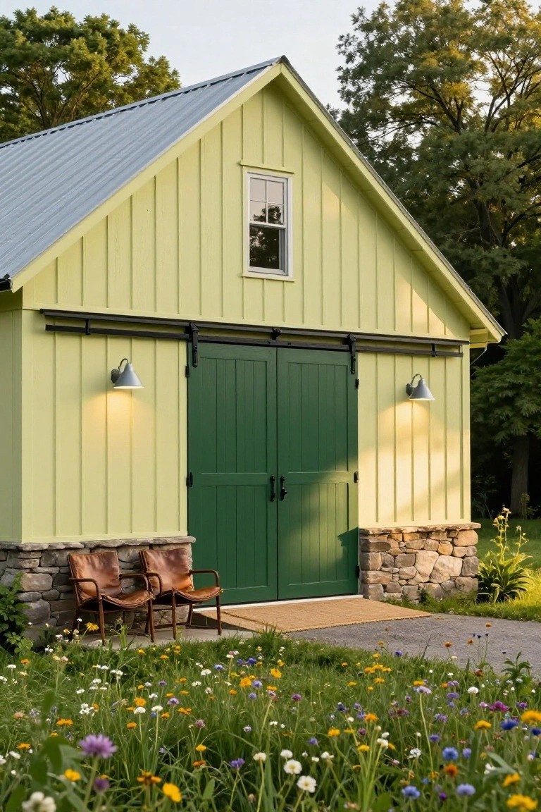 Pale green board-and-batten siding on a gable-roofed garage with gray metal roof, double dark green sliding barn doors, wall-mounted sconces, stone foundation, two leather armchairs on gravel path amid wildflowers and trees at dusk.