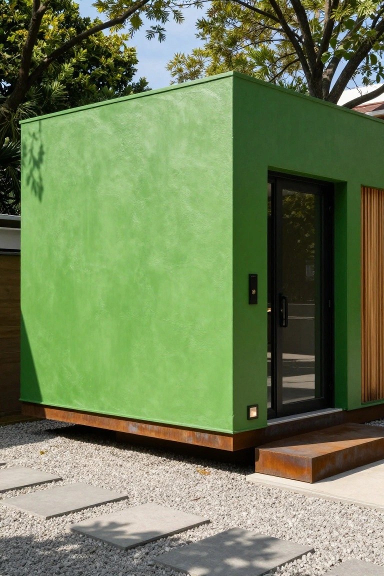 Small cube-shaped building painted matte green with a black-framed glass door, wooden side panels, rusted metal base and steps, set on gravel amid stepping stones and trees.