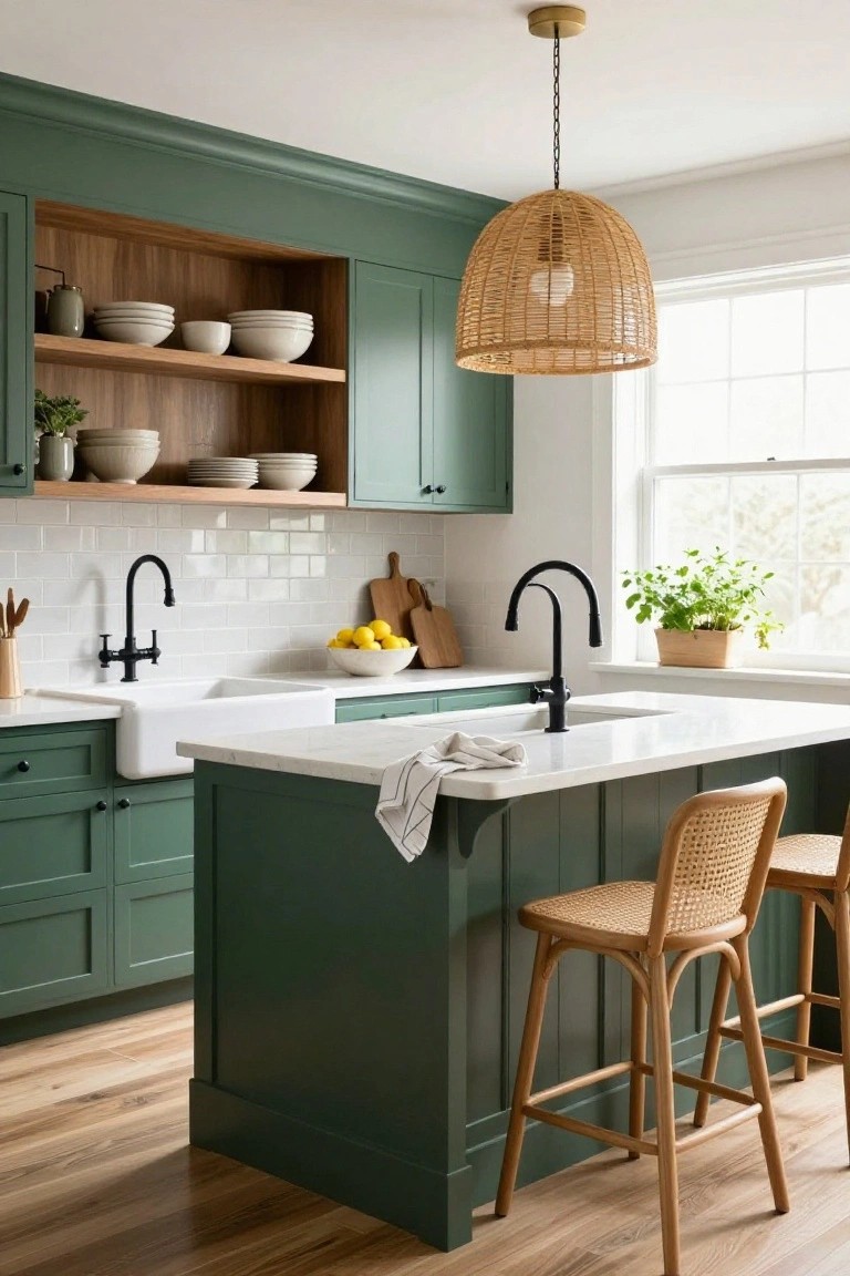 Kitchen with deep green lower and upper cabinets, white quartz countertops and island, farmhouse sink, black faucets, rattan pendant light and bar stools, and open shelving displaying white dishes.