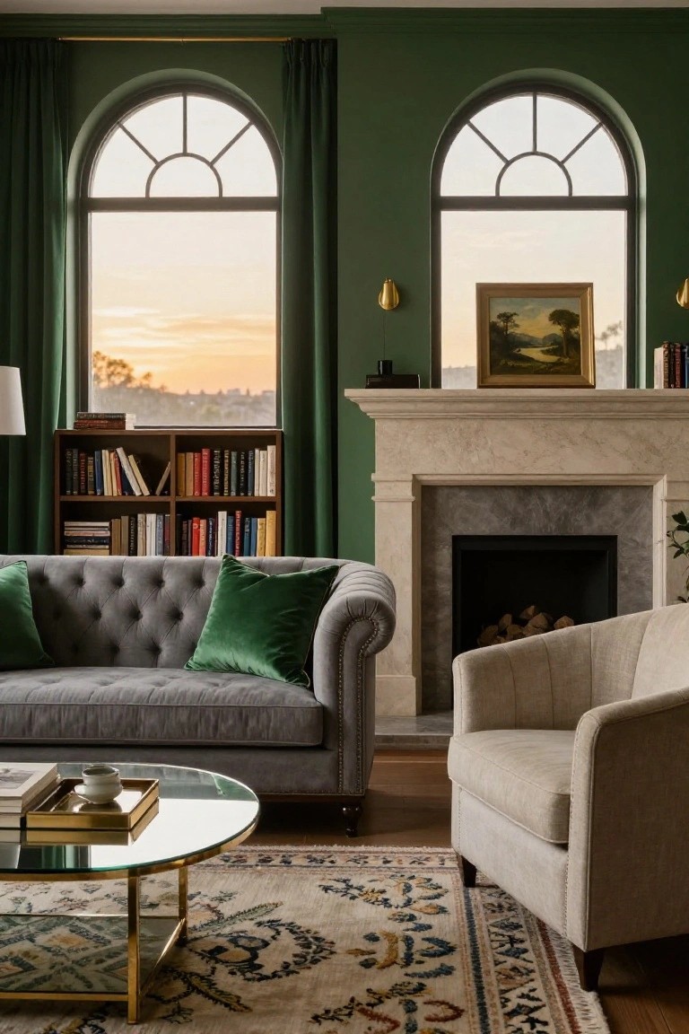 Living room interior with deep green walls, two arched windows showing a sunset view, marble fireplace with logs, gray tufted sofa with green velvet pillows, cream armchair, bookshelves, brass coffee table, and patterned rug.
