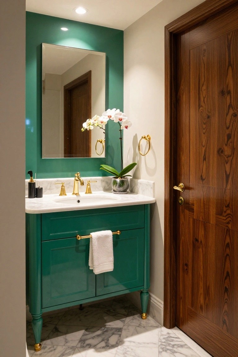 A bathroom with glossy emerald green painted vanity cabinets on legs, white marble sink top, gold faucets and hardware, potted white orchids, black soap dispenser, and a dark wood door on marble tile floor.
