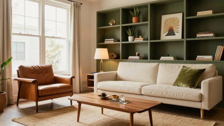 A living room with cream sofa accented by green pillows, tan leather armchair, low wooden coffee table, green built-in bookcases with plants and books, snake plant in pot, and wall art.