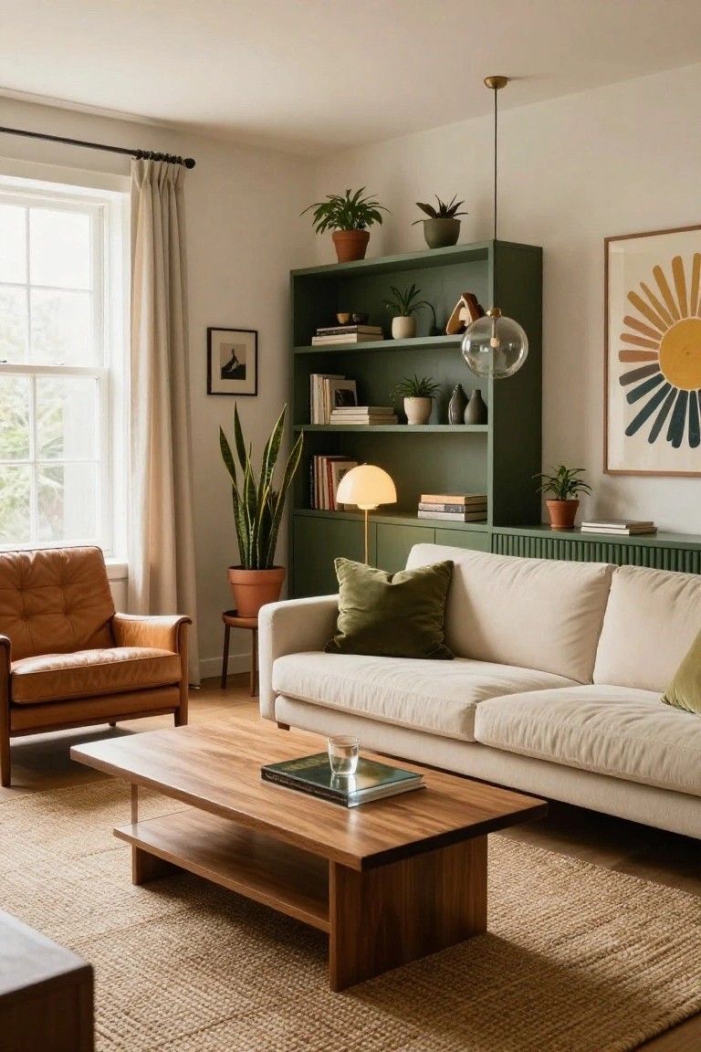 A living room with cream sofa accented by green pillows, tan leather armchair, low wooden coffee table, green built-in bookcases with plants and books, snake plant in pot, and wall art.