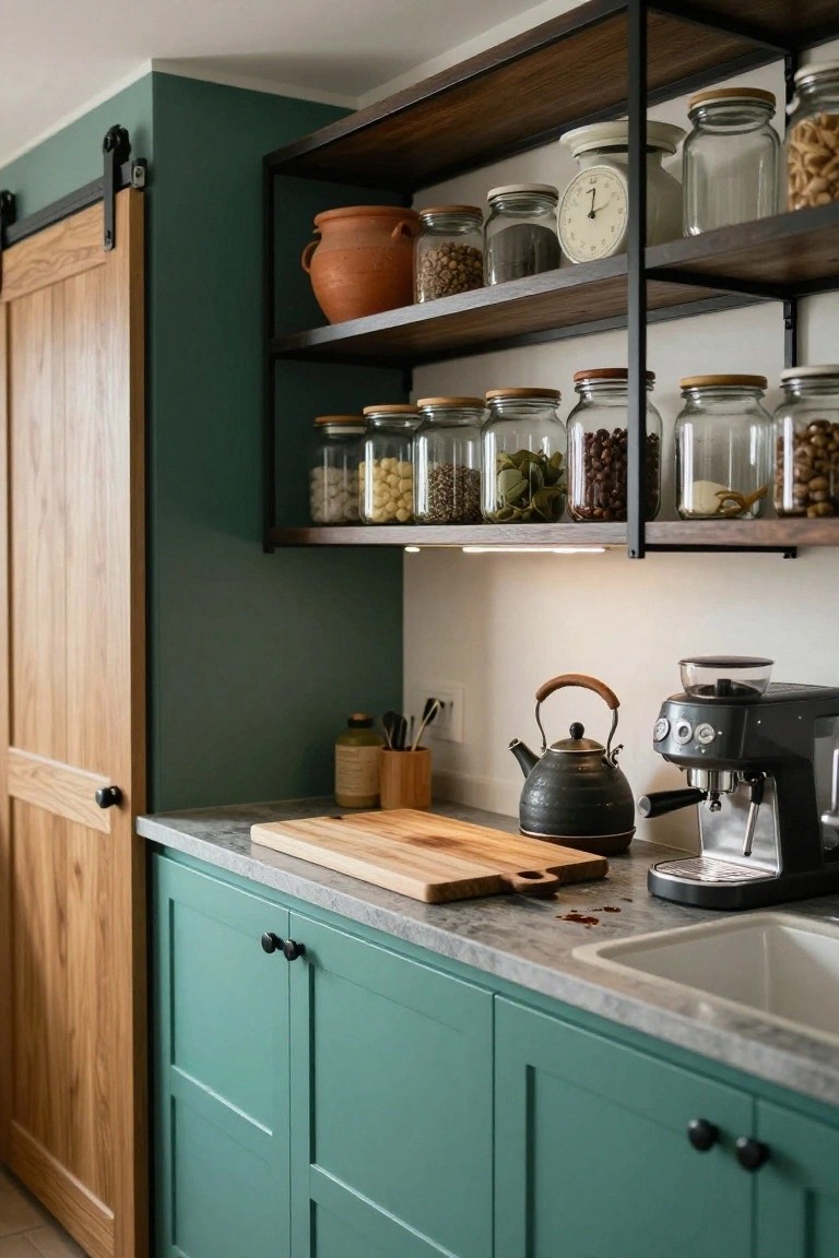 Kitchen interior with teal green lower cabinets, oak sliding door on the left, open black metal shelves holding glass jars of spices and nuts above, gray countertop with wood cutting board, black kettle, and espresso machine near white sink.