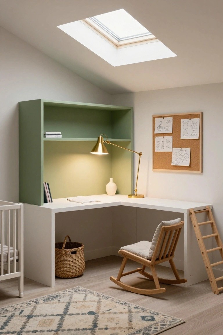 A nursery room with a white corner desk under a green shelving unit, wooden rocking chair, white crib, bulletin board on wall, skylight, and wicker basket on wood floor.