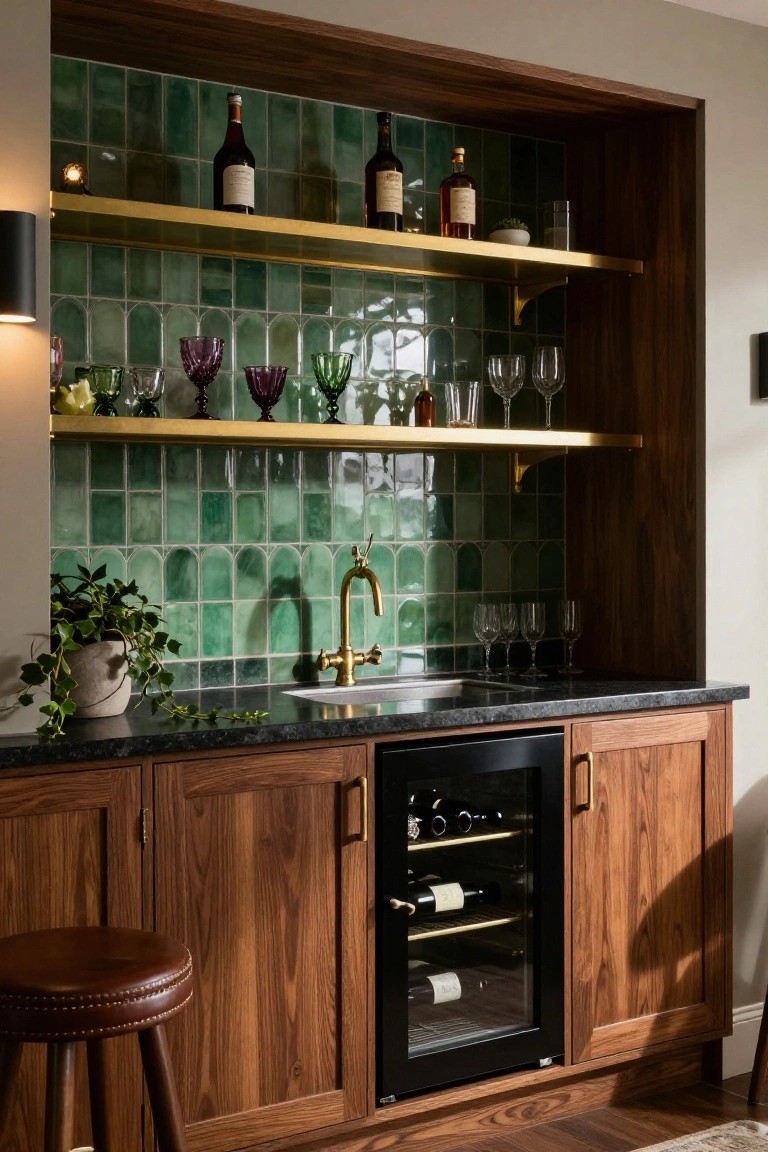 Home bar with green arched ceramic tile backsplash, brass shelves holding glasses and bottles, wood cabinets, black granite countertop, gold faucet, wine cooler, and bar stool.