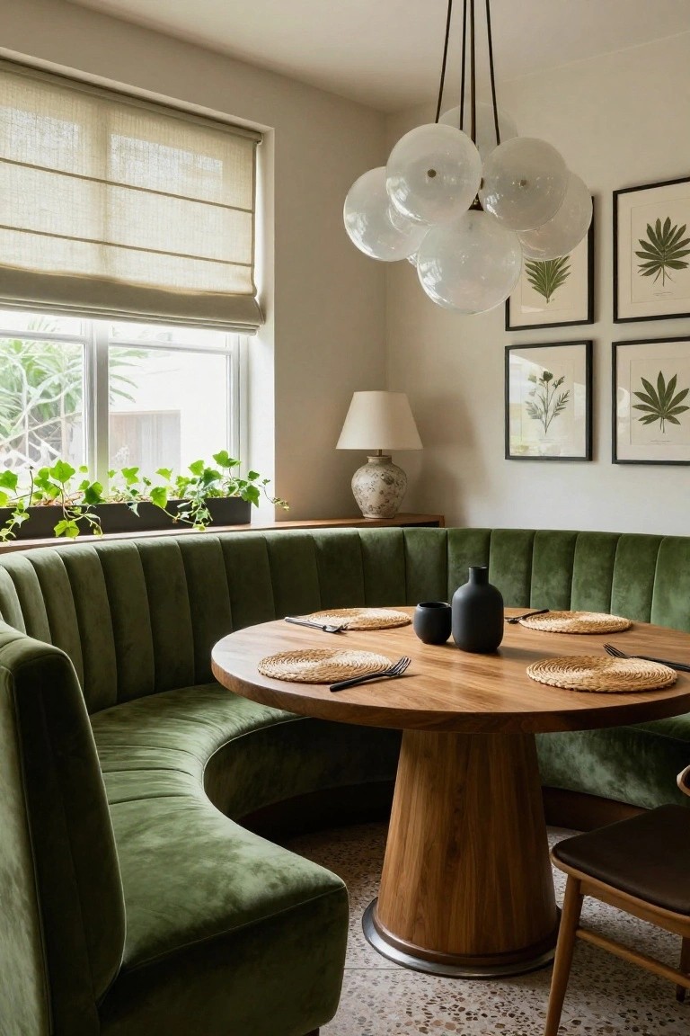 Curved emerald green velvet booth seating surrounds a round wooden pedestal table set with placemats, cutlery, and black ceramics in a light interior dining nook with plants, lamp, and botanical art.