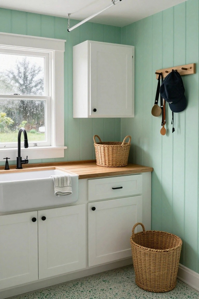 Interior of a utility kitchen with pale mint green shiplap walls, white cabinets, farmhouse sink on wood countertop, wicker baskets, and peg rail with bags and utensils near a rainy window.