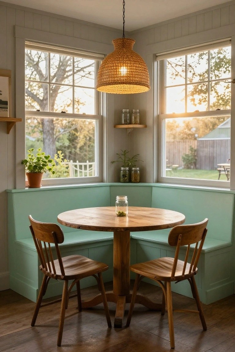Corner kitchen nook featuring a pale green booth with round wooden table, two wooden chairs, rattan pendant light overhead, shelves holding jars and plants, potted plant on windowsill, and large windows overlooking trees and backyard.