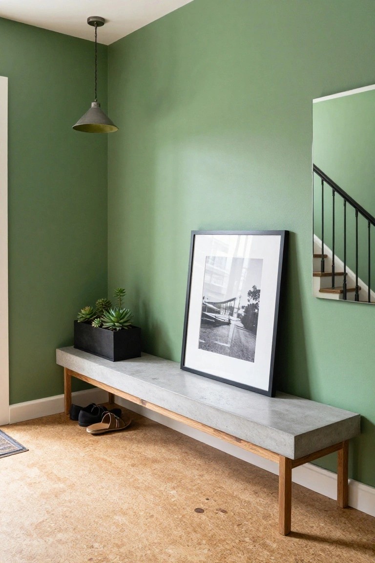 Entryway corner with pale green walls, hanging conical lamp, black rectangular planter holding succulents on a concrete bench with wooden legs, large black-framed black-and-white photo, black metal stair railing in mirror reflection, pair of shoes on cork floor.