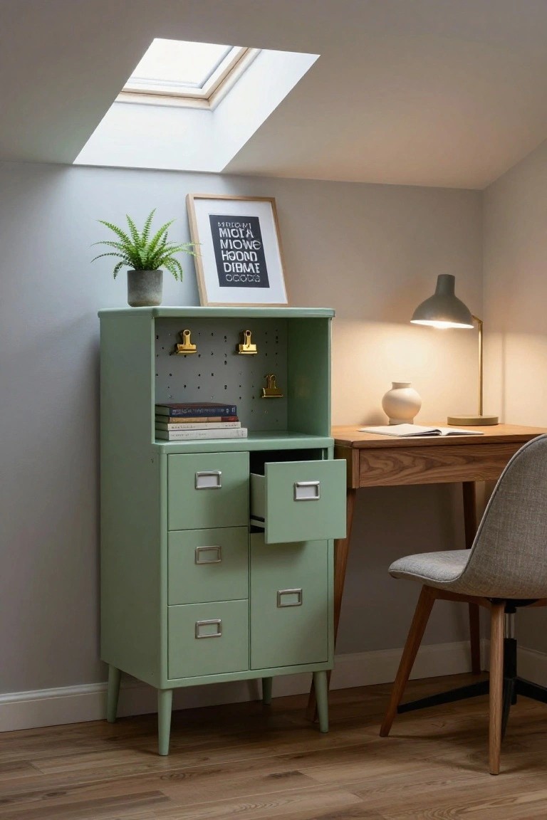 Tall sage green metal filing cabinet with open top drawer and shelves holding books and clips, positioned beside wooden desk with lamp, notebook, vase, and gray chair in beige-walled room with skylight.