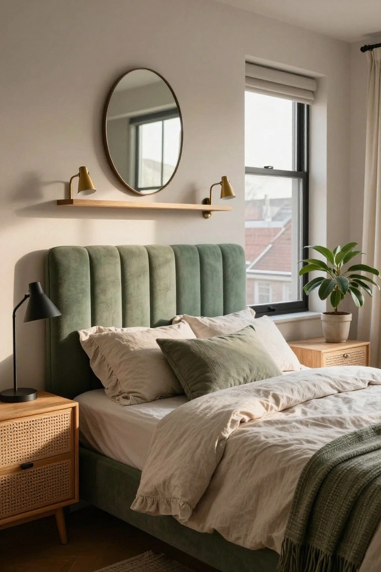 Bedroom interior with tufted sage green headboard, neutral bedding, rattan nightstands, round brass mirror on wooden shelf with sconces, large window with sheer shades, and potted plant on nightstand.