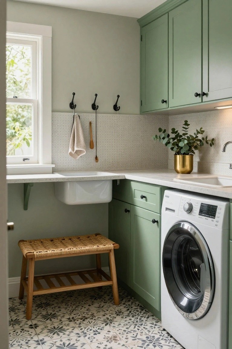 Laundry room with sage green shaker cabinets, white farmhouse sink and front-load washer, pale sage walls with pegboard backsplash, rattan stool, gold planter with eucalyptus, and black-and-white starburst tile floor.