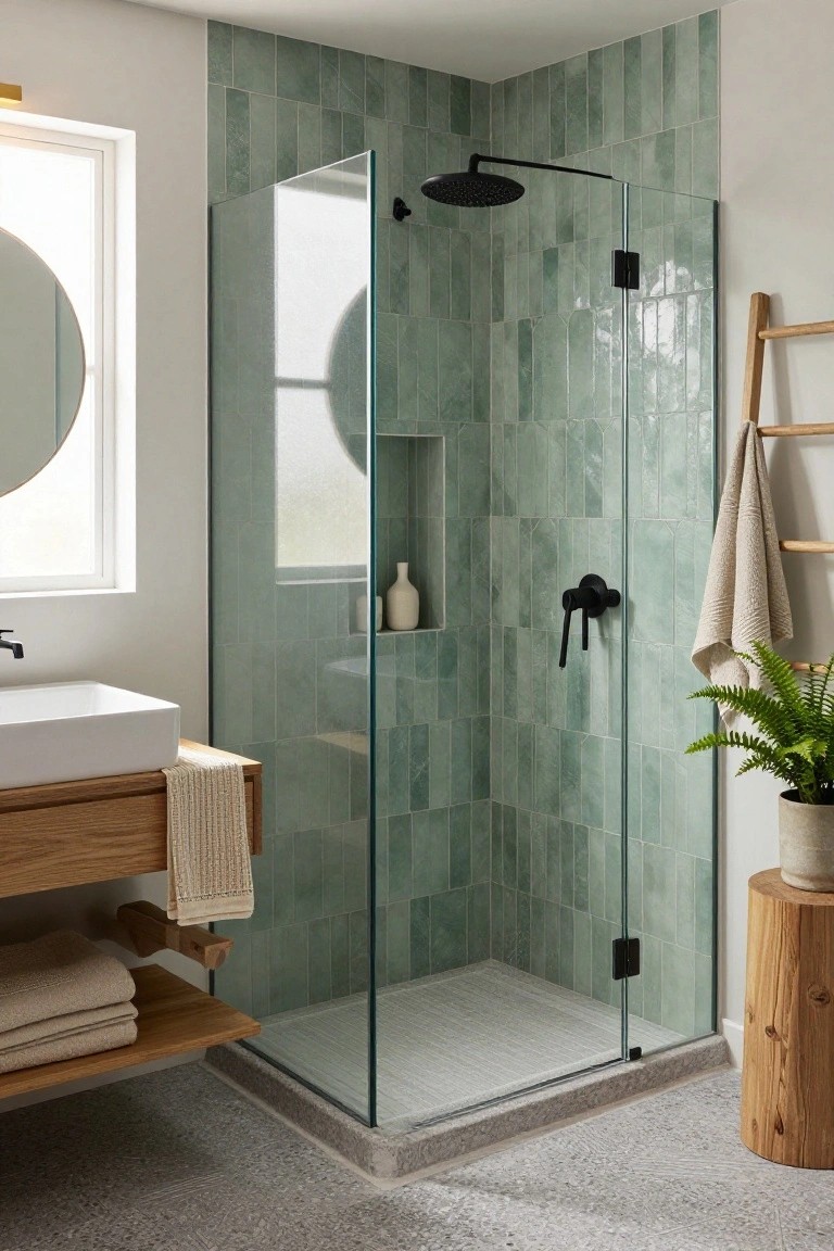 Bathroom with sage green rectangular tiles on shower walls, frameless glass enclosure, black rain showerhead and faucet, oak vanity with white sink, wooden towel ladder, folded towels, and potted plants on pebble floor.