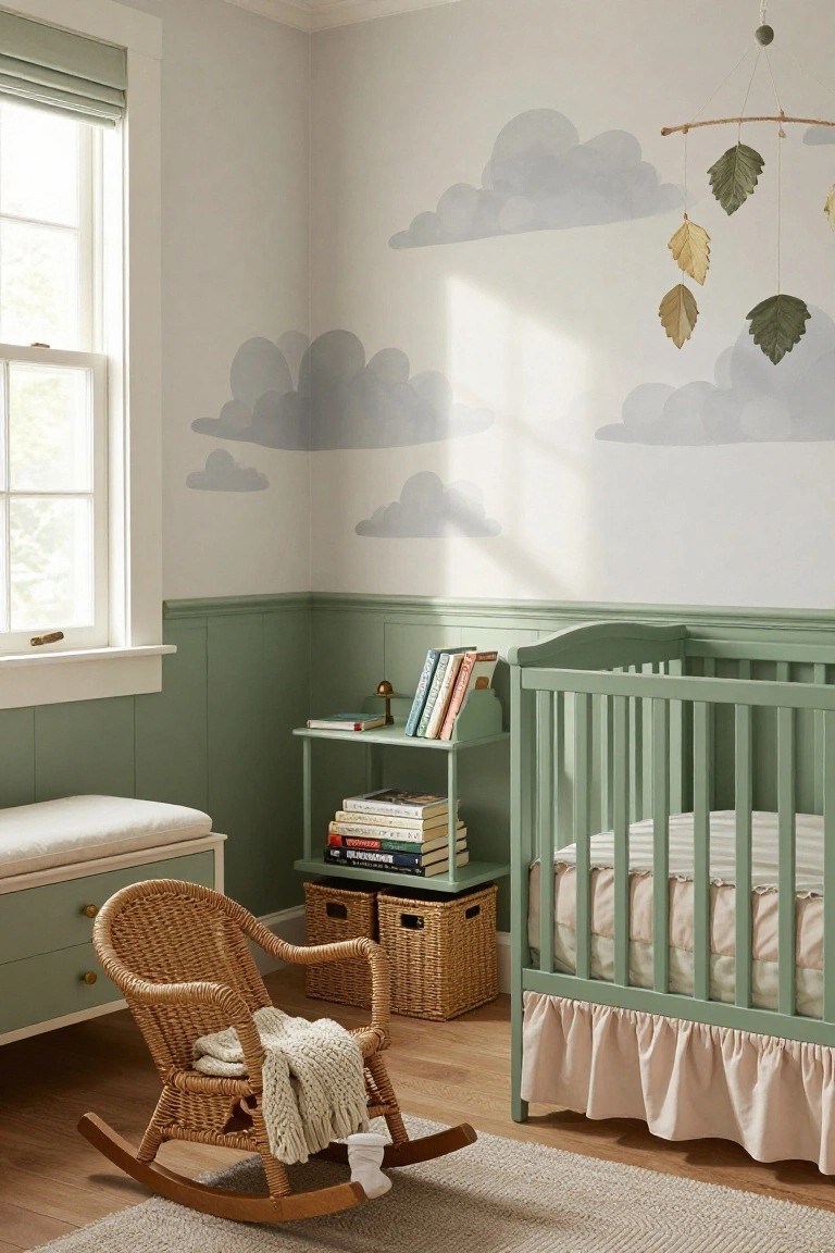 Nursery room interior with sage green paneled lower walls and matching crib, light gray upper walls painted with cloud shapes, wooden rocking chair with blanket, bookshelves stocked with books, and leaf mobile overhead.