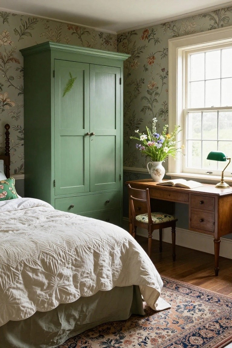 Bedroom interior with tall green-painted wardrobe next to a white quilted bed, wooden desk holding an open book and green lamp, vase of wildflowers by a window, and green floral wallpaper on walls.
