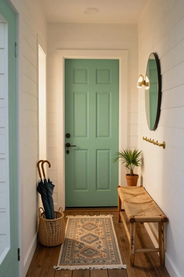 Narrow interior hallway with white shiplap walls, teal green six-panel door, round black mirror lit by brass sconces, potted palm on shelf, wicker bench with umbrellas in basket, and patterned rug on wood floor.