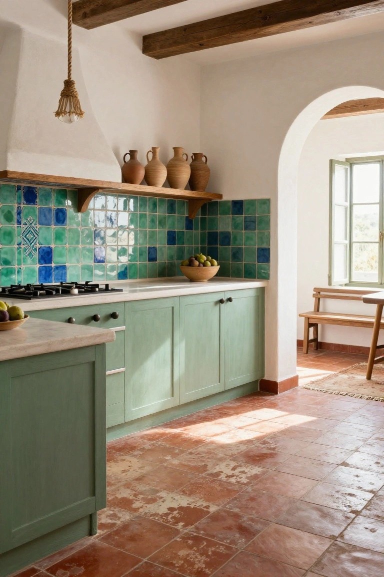 Kitchen interior with sage green cabinets, turquoise and blue mosaic tile backsplash, white countertops, terracotta floor tiles, wooden shelves holding pottery jars, and an arched doorway leading to a bench by a window.