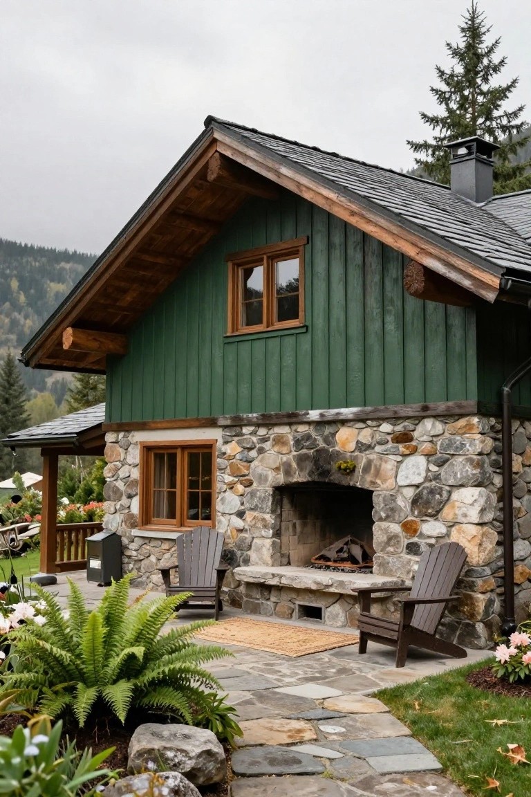 Side view of a green vertical board-and-batten house with gabled roof, stone outdoor fireplace, Adirondack chairs on a flagstone path, plants, and mountain backdrop.