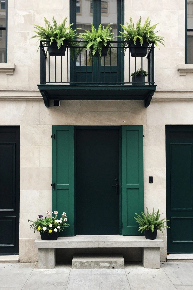 Beige stone building facade featuring a central dark green door with matching green shutters, flanked by black doors, a green balcony with hanging ferns above, potted flowers and ferns by the concrete steps, and a stone walkway.