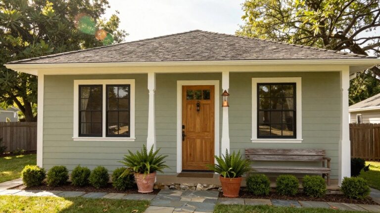 A two-story sage green house with white trim, gabled roof, wooden front door, covered porch with bench and potted fern, flanked by boxwoods and a stone pathway.