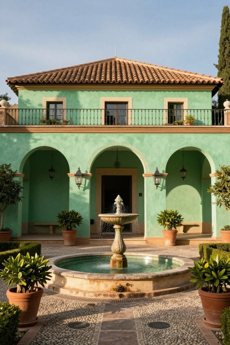 Mint green stucco house with terracotta tile roof, upper balcony with wrought iron railing, arched entryways with lanterns, central stone fountain in pebble courtyard, and potted plants around the edges.