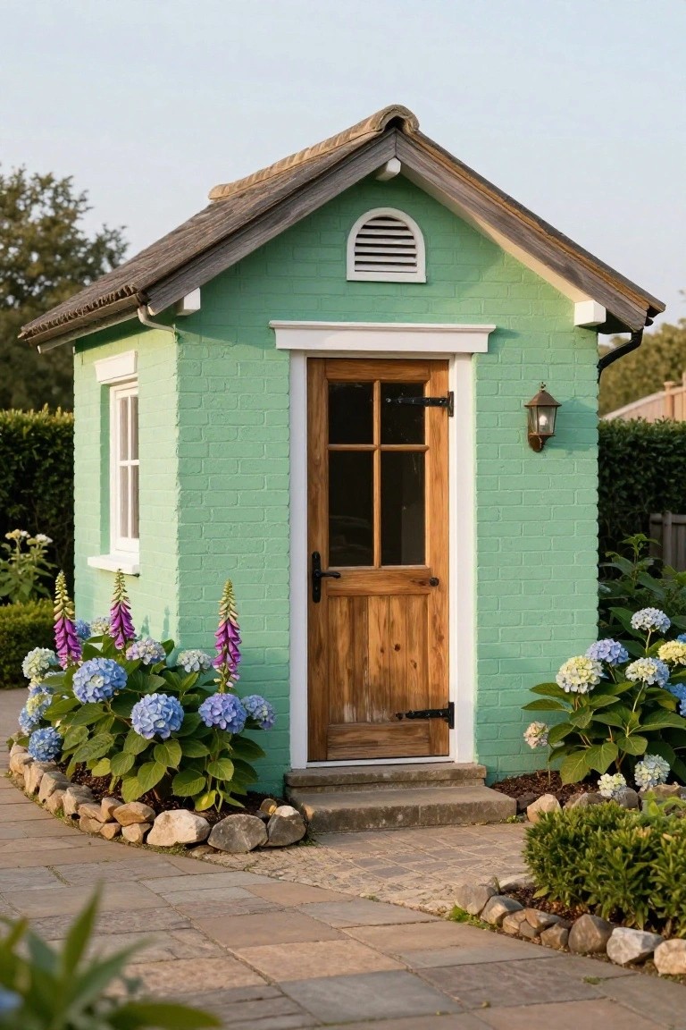 Small gabled mint green painted brick shed with white trim, wooden door with glass panels, wall lantern, vent, and gutter, surrounded by hydrangeas, foxgloves, rocks, and shrubs on a stone path.