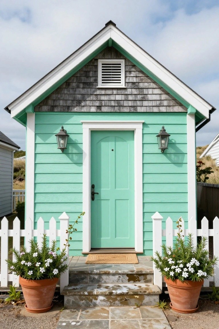 Small mint green clapboard house with gray shingle roof and gables, white trim, turquoise green door, wall lanterns, terra cotta pots with white flowers, and white picket fence on stone steps.
