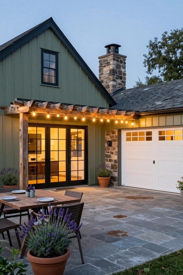 Green board-and-batten sided house exterior with black-framed windows and French doors, stone chimney, white garage door, wooden pergola strung with lights over a bluestone patio with dining table and potted lavender.