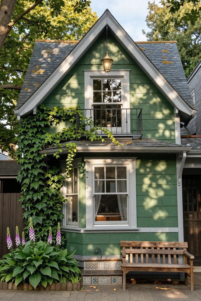 Two-story green clapboard house with gabled slate roof, small second-floor balcony, bay window, ivy climbing the side, foxglove and hosta plants near the entrance, wooden bench on a paved path, and trees in the background.