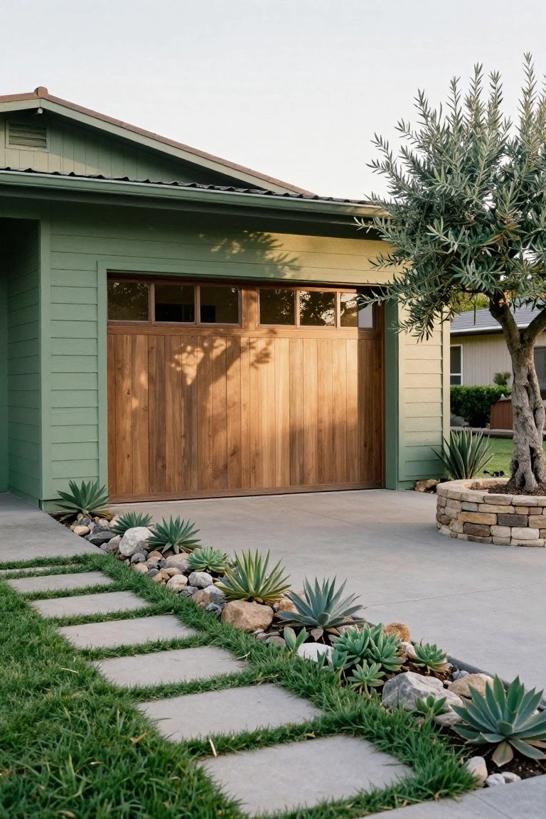 Sage green painted house exterior featuring a wooden garage door, driveway with stepping stone path edged by agave plants and rocks, and a stone-ringed olive tree nearby.