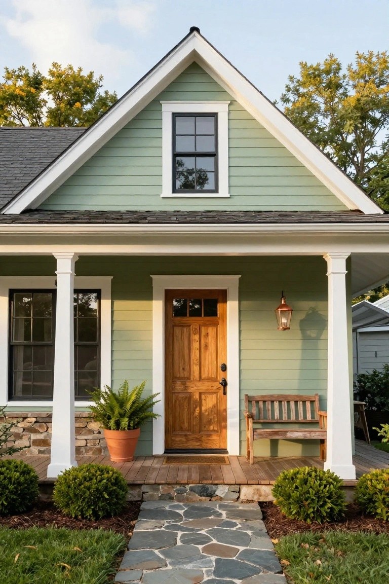 A two-story sage green house with white trim, gabled roof, wooden front door, covered porch with bench and potted fern, flanked by boxwoods and a stone pathway.