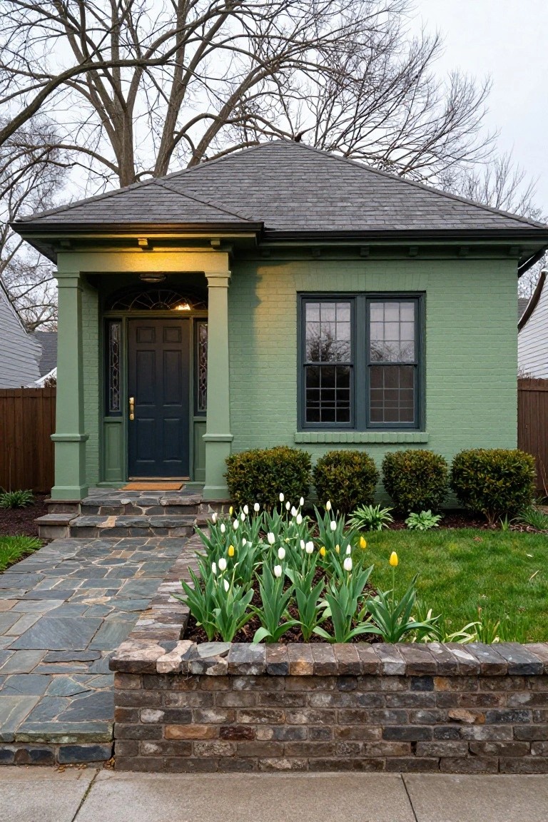 Small green-painted bungalow house with gabled roof, covered front porch, dark wood door, black-framed windows, boxwood shrubs, tulip garden bed, and stone pathway.